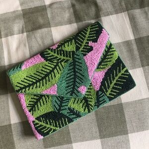 Beaded Tropical Leaf Clutch/ crossbody in Pink and Green